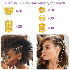 110 Pcs Gold Hair Jewelry for Braids and Dreadlocks – Metal Rings, Cuffs, Clips