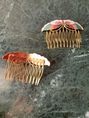 New Cloisonné Butterfly Enamel Decorative Gold Tone Hair Combs Set