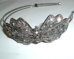 Jeweled White Rhinestone Beaded Silver Bow Floral Headband