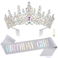 Birthday Sash and Tiara – Silver AB Crystal Princess Crown ab sliver