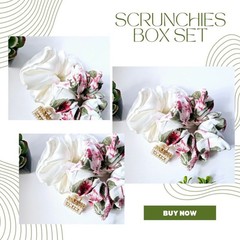 Women Hair Scrunchies Claw Clip Set 3pcs White Satin FloralElastic Daily Style