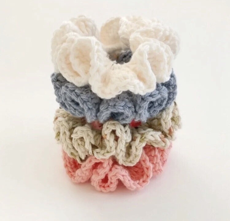 Handmade Crochet Scrunchies Pack of 4 Pink, Denim Blue, Cream White, Natural Tan