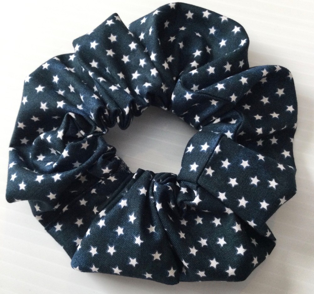 Stars on Navy Blue Scrunchie Ponytail Holder Women Teen Girl Hair Accessory