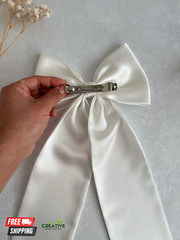 Satin with Long Tail Big Ivory Single Bow with Barrette Bridal Ivory Satin Hair