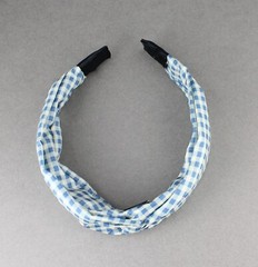 Blue White gingham turban knot twist headband plaid fabric covered ban
