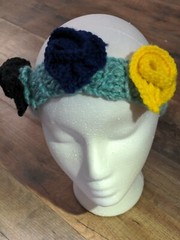 Handmade Crochet Headband, Blue With 3 Heart Roses, 100% Acrylic, Infant