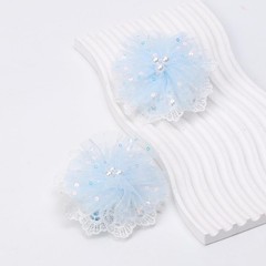 2 PCS 3.5 Inch Blue Lace Pearl Bow Clips Grosgrain Ribbon Alligator Clips