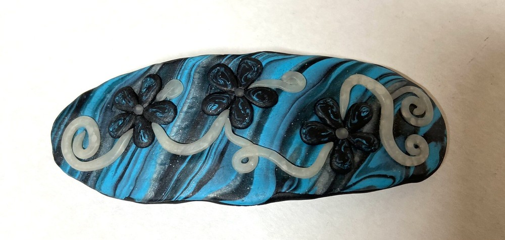 Artisan made- Polymer clay hair barrette Clip -Turquoise Black floral- handmade