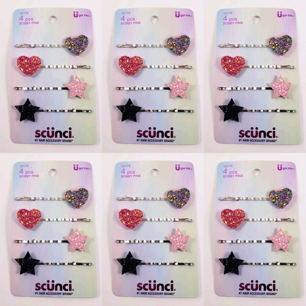 Lot Of 6 Scunci Glitter Bobby Pins Hearts & Stars, 4 Count Each