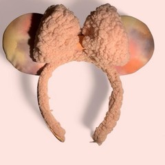 Plush Polyester Mickey Ears Headband with Bow, Beige/Multicolor