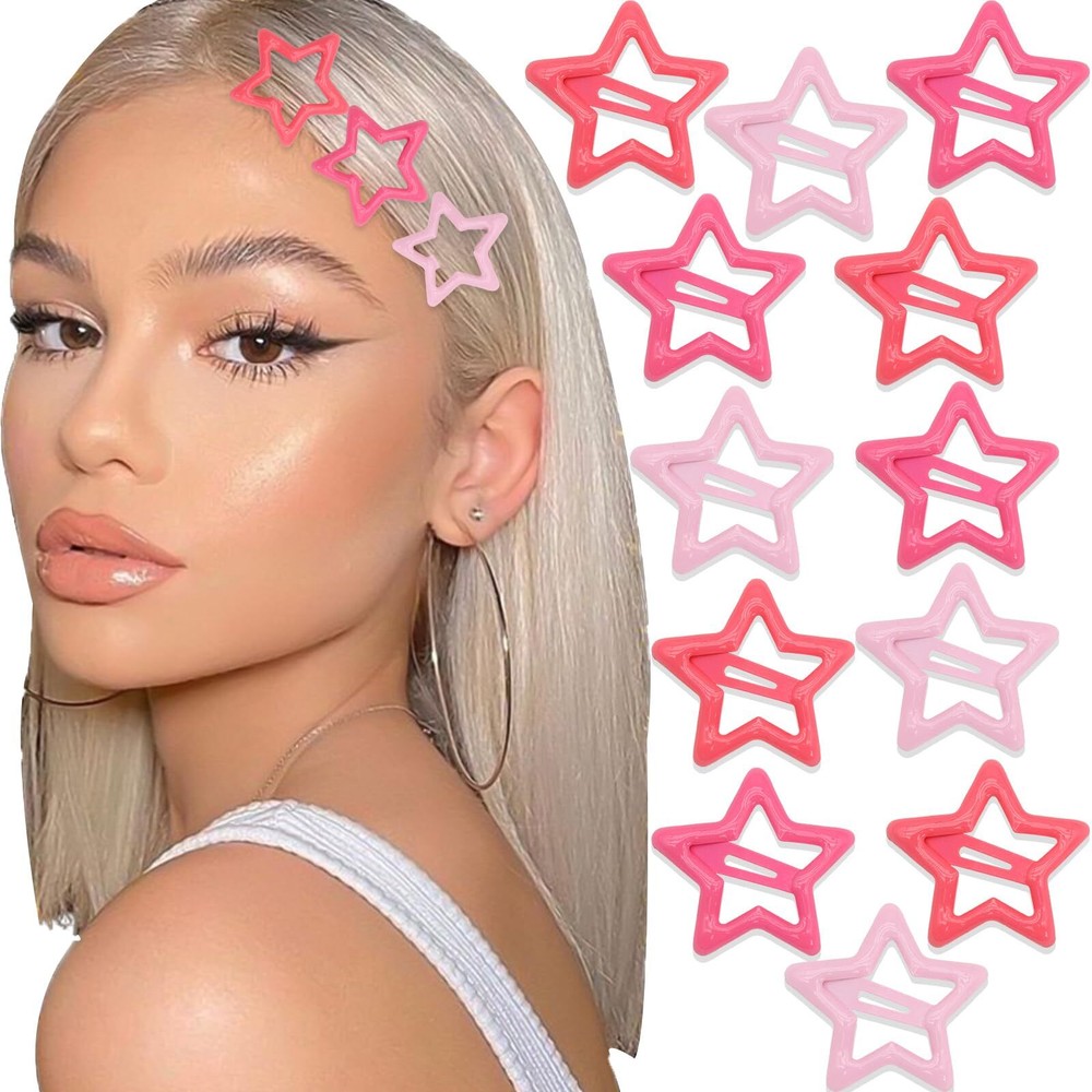 12PCS Pink Star Hair Clips Non Slip Barrettes Multi Colors Hair Decoration