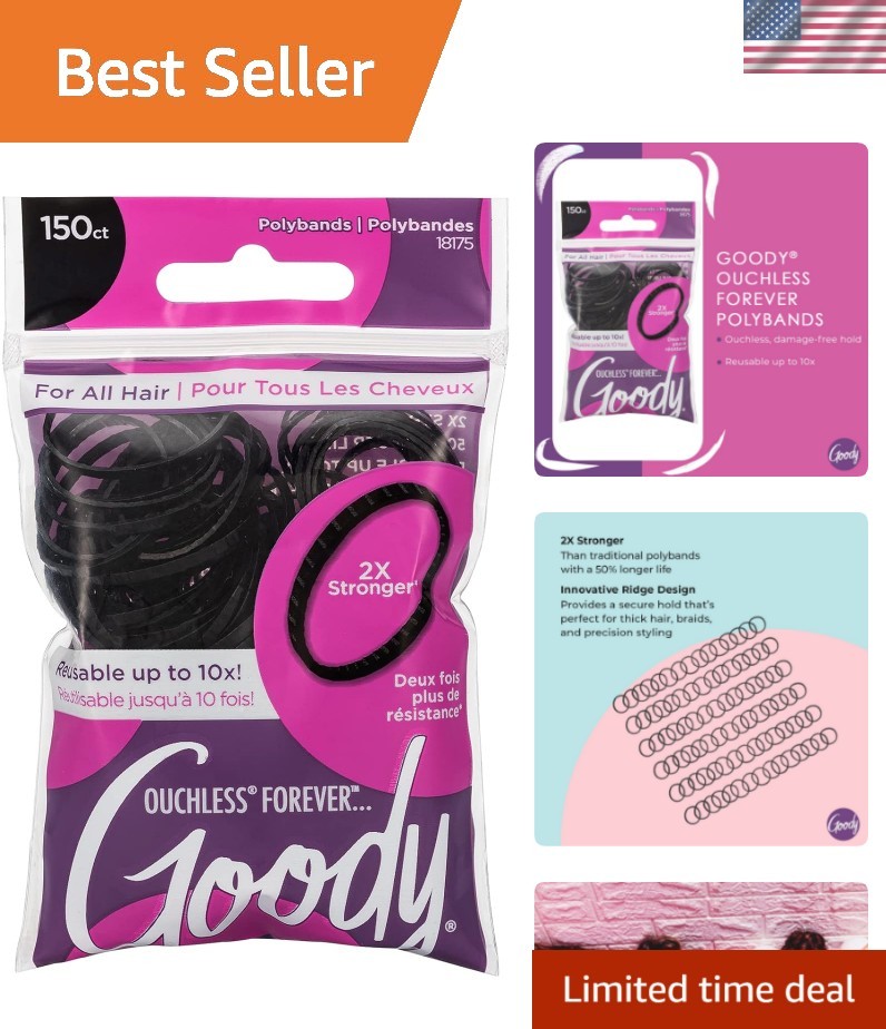 Goody Ouchless Black Polybands 150 Ct – Reusable & Versatile for All Hair Types