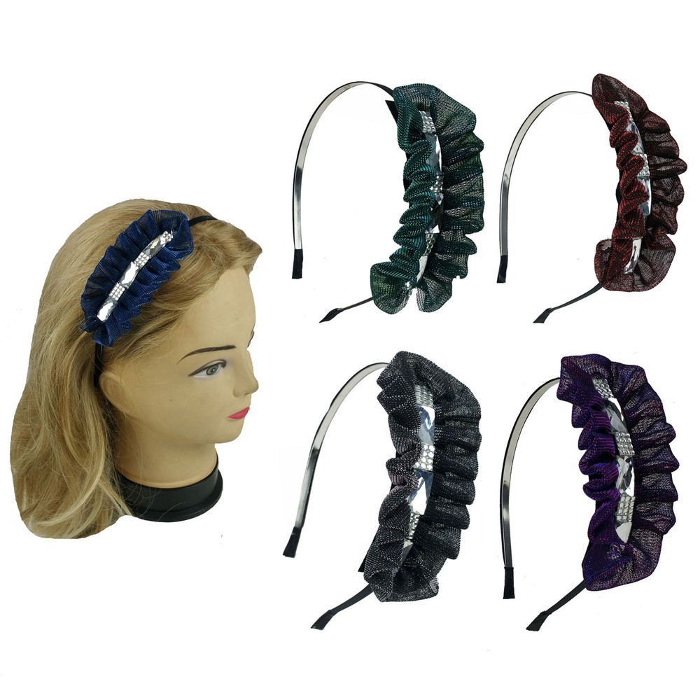 Metal Headbands with Metallic Color Mesh Fabric & Crystal Beads Stones