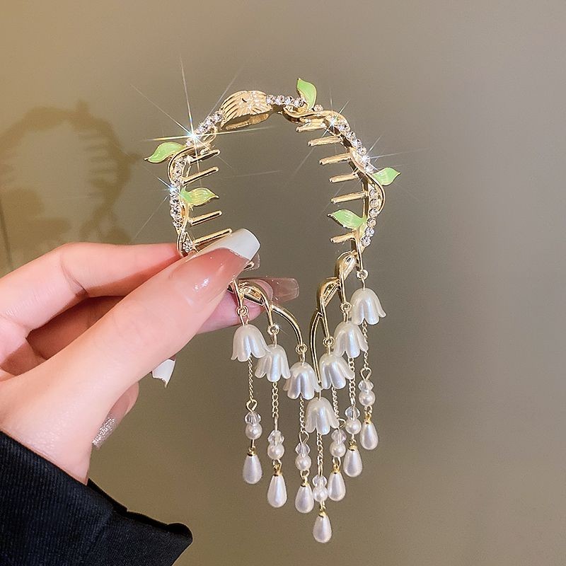 Faux Pearl Tassel Hair Clip for Women Large Flower Bun Clip Hair Accessory