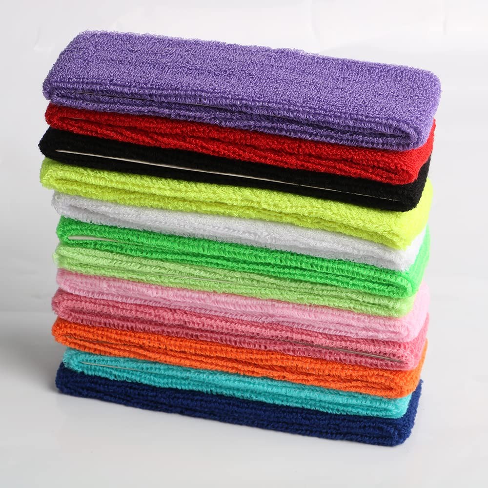 Cotton Sweatband Headbands,Pack of 12,Elastic Stretchy Sport Terry Cloth Mois…