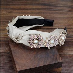LUXURY HANDMADE FAWN SATIN RHINESTONE AND PEARL HEADBAND HAIR ACCESSORY,