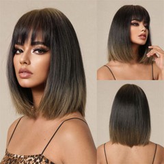 Straight Hair Female Gradient Golden Wig Medium Long Hair Clavicle Hair
