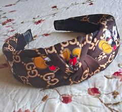 Mickey Mouse Logo Print Padded Knotted Fabric Headband Brown for Women