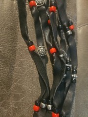 Original Hair Glove Black Leather Ponytail Holder Wrap Red Beads Silver Roses