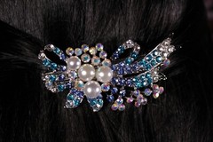 Pearl and Rhinestone Hair Clip Ribbon Bow Barrette with Aurora Borealis Crystals