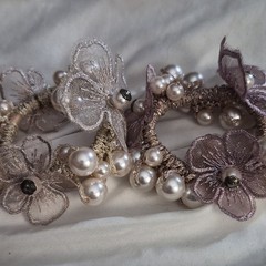 Floral Pearl Beaded Fabric Elastic Scrunchie Hair Tie Set 2 Beige Mauve