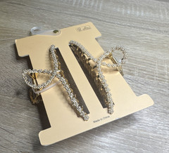 2-Pack Gold Tone Bow Hair Clips w/ Rhinestone & Pearl Accents, Elegant
