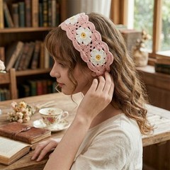 1Pc Pink Daisy Crochet Headband Polyester Boho Hair Band for Daily Wear