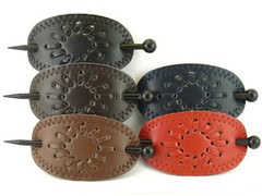 OVAL STAR STITCHED PATTERN FAUX LEATHER WITH WOOD HAIR STICK – 1 PC. (141)