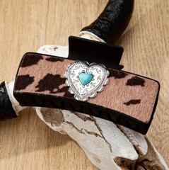 Western Brown Cow Print Jaw Hair Clip with Hear Concho