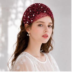 Women’s Red Lace Pearl Beaded Solid Elastic Headband Hair Accessory
