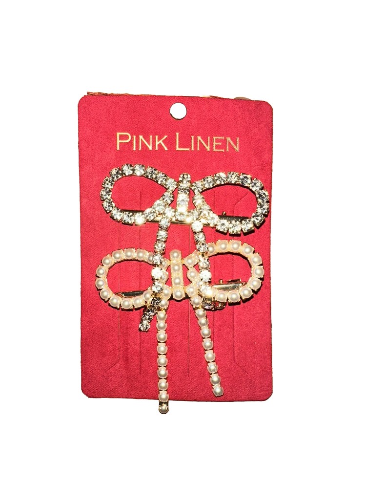 Pink Linen Crystal Rhinestone Pearl Style Bow Fashion Stylish Hair Clip Set