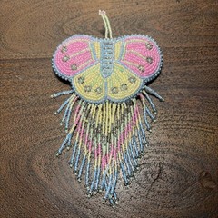 Pastels Butterfly Handmade Beaded Glass Leather Hair Barrette Pink Yellow Blue