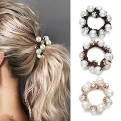 3PCS Pearl Brimmed Glitter Rhinestone Hair Ties Retro Scrunchies for Women