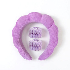 Purple Puffy Spa Headband & Wrist Wash Band Set Terry Cloth Skincare Makeup NEW