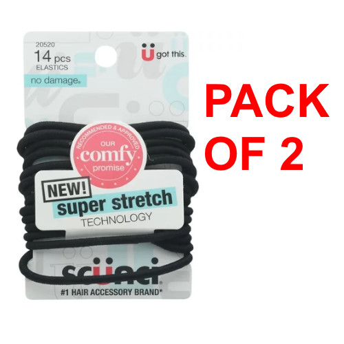 LOT OF 2 Scunci No-Damage, Super Stretch, Hair Elastics, Black, 14ct