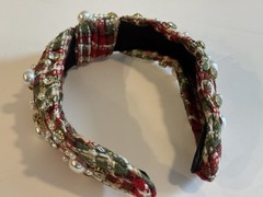 Statement headband Plaid Red, Green White Pearls Clear Gemstone Top Knot NWOT