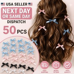 50pcs Pre-Tied Mini Ribbon Bow Hair Accessories Solid Pink Blue Black White