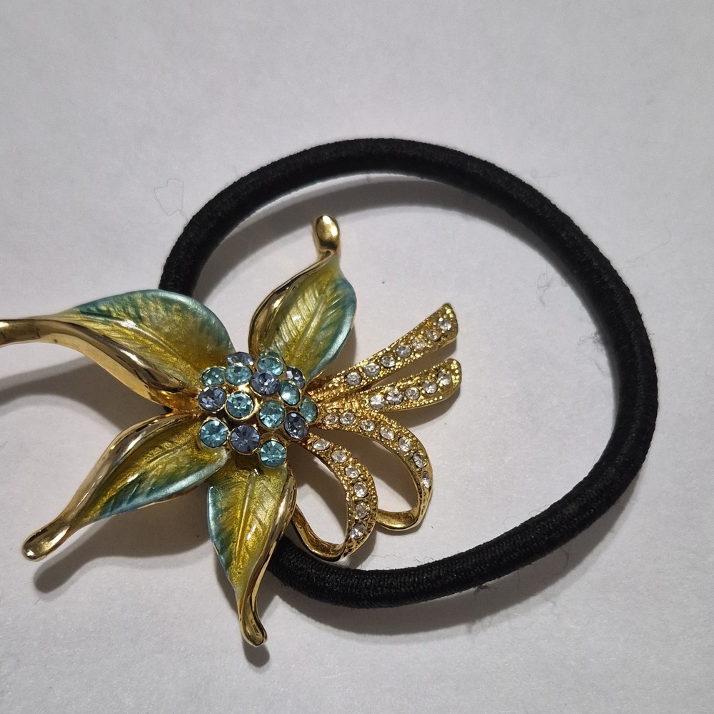 Gold Tone Flower Charm Blue Rhinestone Stretch Black Elastic Hair Tie for Women