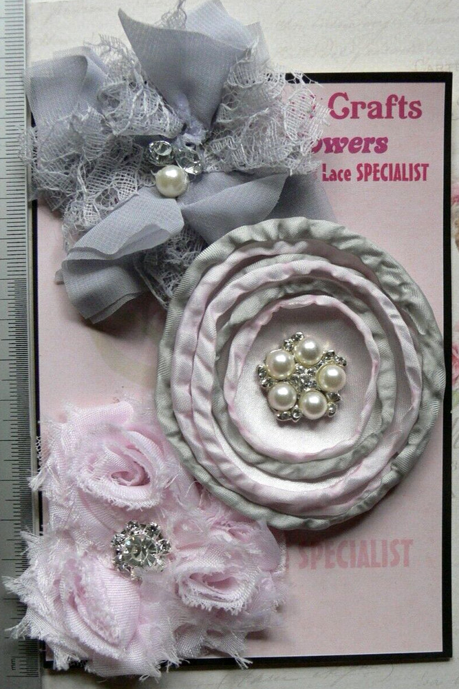 Soft GREY & PINK MIXED Fabric Organza Lace 3 Flower Pk 65-85mm NjoyfullCrafts G2
