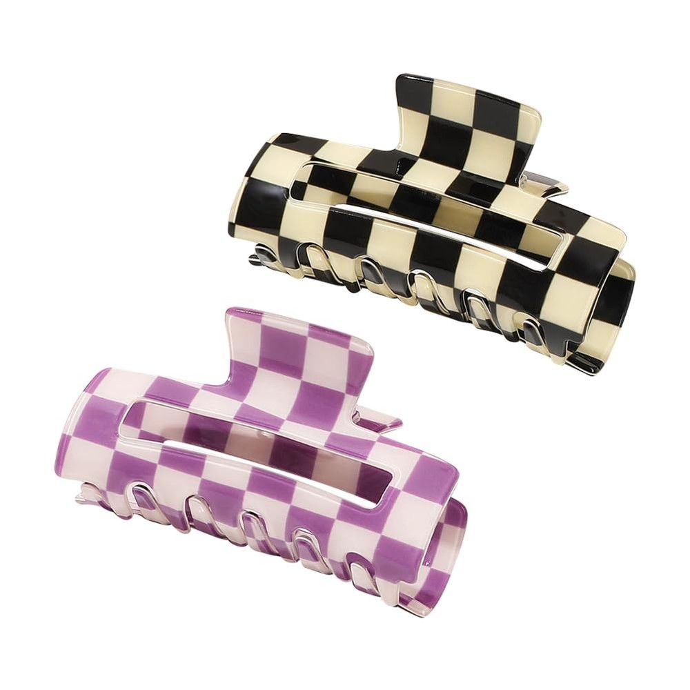 2 Pcs Large Checkered Hair Claw Clips Checker Jaw 8 x 4cm, Black Purple