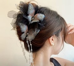LG. Black Beaded Tassel Hair Clip,Exaggerated Fairy Hanfu Clip w Beads & Fringe
