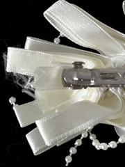 Vintage Small White Ribbon Hair Bow Barrette Updo Clip Faux Pearl & Flower