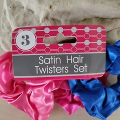 Fabric Ponytail Holders Round 3 Pack Blue Pink Satin Hair Twisters 80s Scrunchy