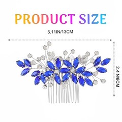 Crystal Bride Wedding Hair Comb Silver Leaf Bridal Accessories Rhinestone Blue
