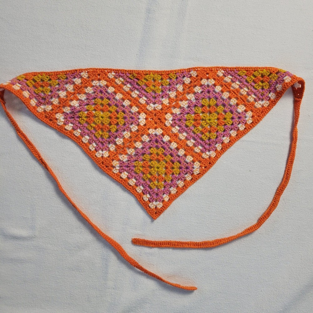 Anthropologie Crochet Granny Square Hair Bandana Orange Pink Triangle Headscarf