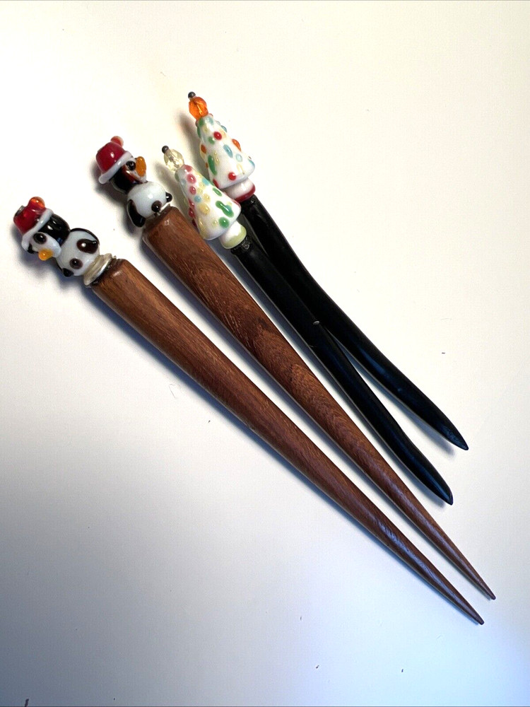 Vintage Wood Wooden Glass Hair Stick Pin Santa Hat Penguin Christmas Tree Black