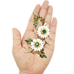 Bridal Hair Clip White Enamel Flower Gold Leaf Crystal Wedding Vine Green