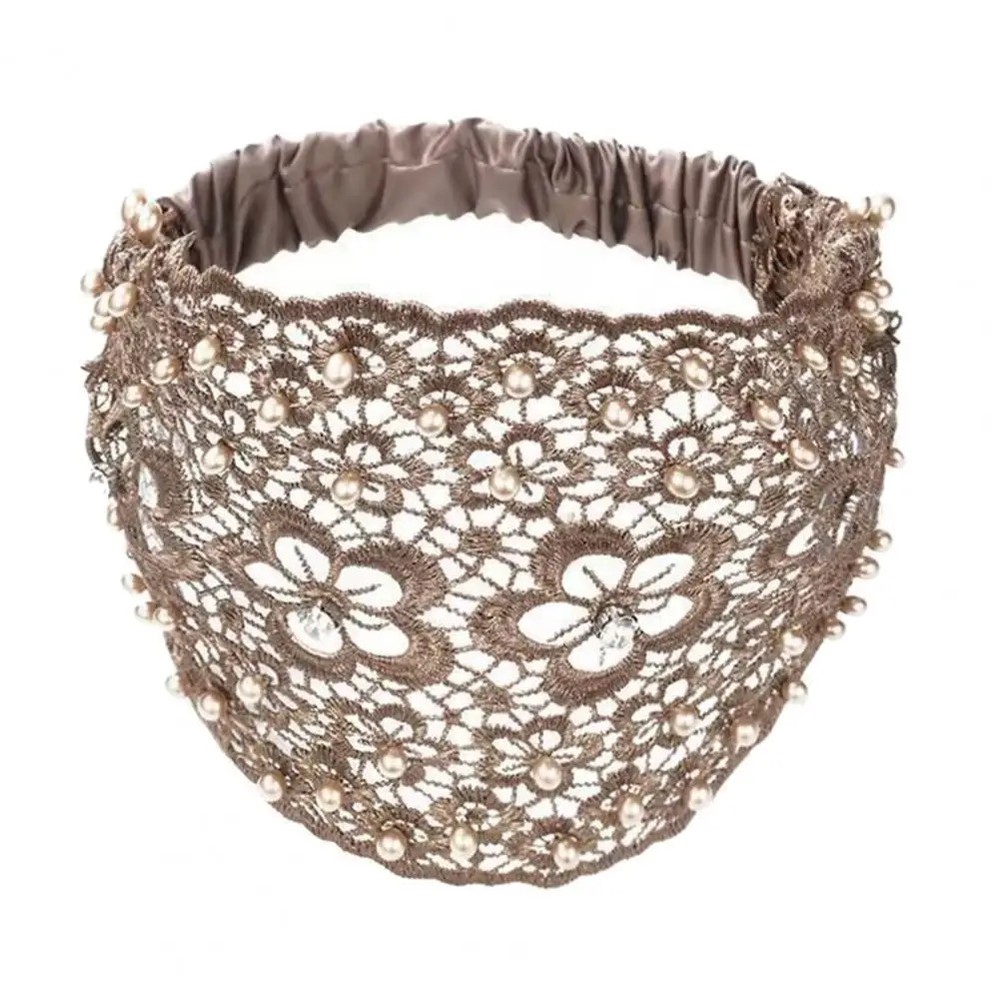 Elegant Women Hollow Headband Flower Pattern Shiny Rhinestones Faux Pearls Hair