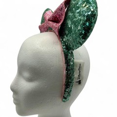 Disney Parks Holiday Minnie Mouse Ears Green Sequin Pink Bow NWOT Authentic