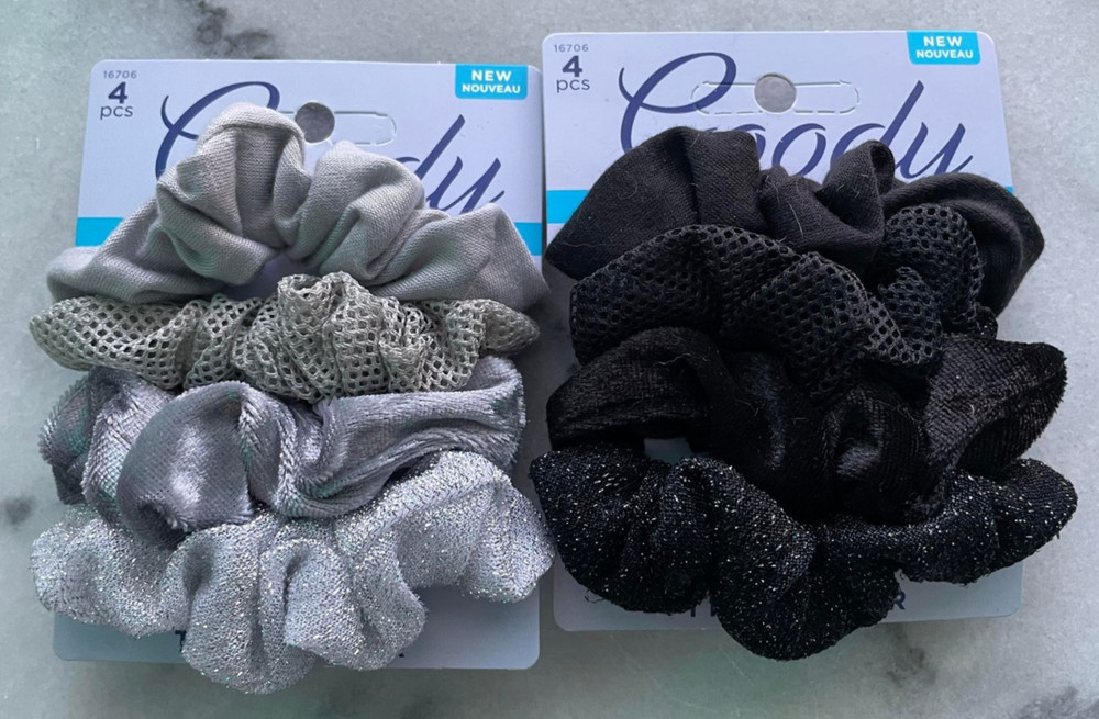 2 Goody Ouchless Hair Scrunchies Black Silver Glitter Solid Mesh 4 Scrunchies Ea